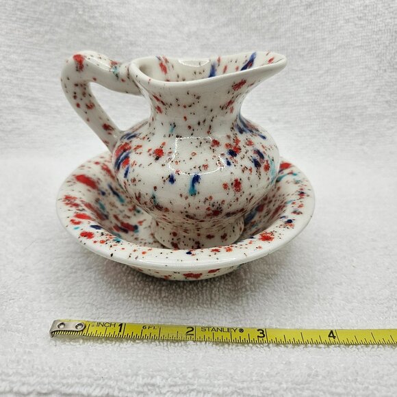 Pitcher Bowl Pottery Set Miniature Orange Blue Teal Glaze Signed F 1968 Vtg - Picture 2 of 8